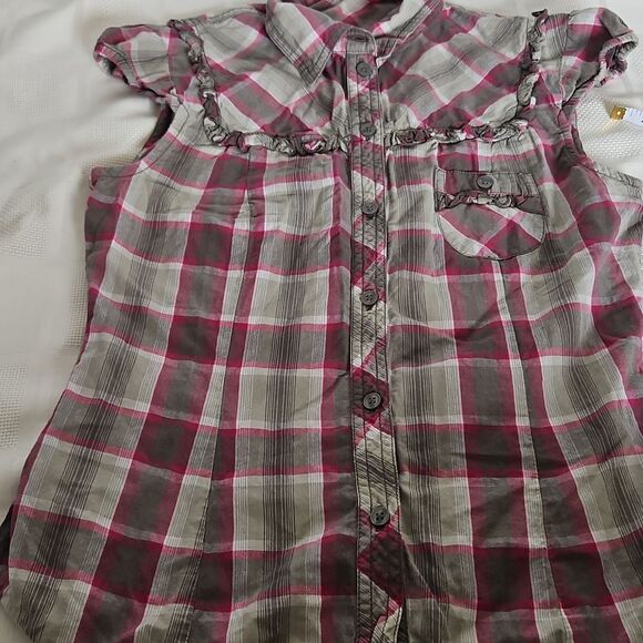 H&M Cotton Button-Down Short Sleeves Ruffled Shirt Hot Pink & Military Green 8 - Picture 16 of 16